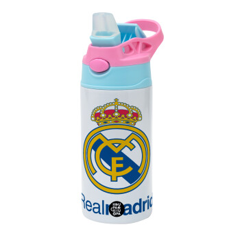 Real Madrid CF, Children's hot water bottle, stainless steel, with safety straw, Pink/BlueCiel (360ml) BPA FREE