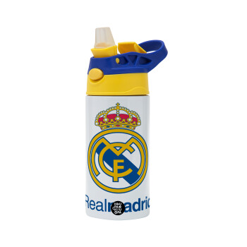 Real Madrid CF, Children's hot water bottle, stainless steel, with safety straw, green, blue (360ml) BPA FREE