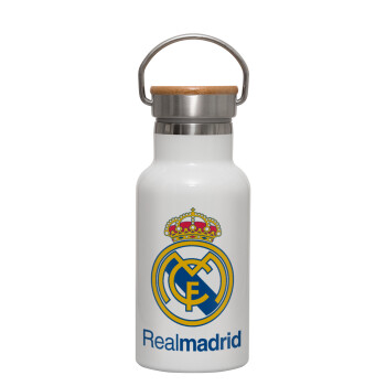 Real Madrid CF, Μεταλλικό παγούρι θερμός (Stainless steel) Λευκό με ξύλινο καπακι (bamboo), διπλού τοιχώματος, 350ml