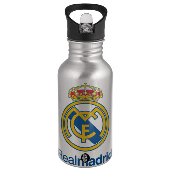 Real Madrid CF, Water bottle Silver with straw, stainless steel 500ml