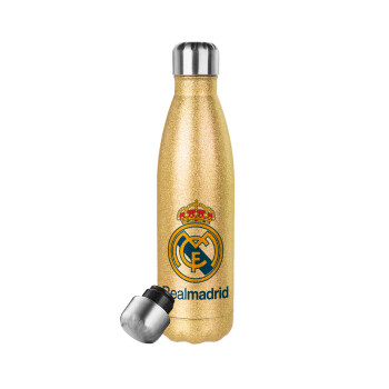 Real Madrid CF, Μεταλλικό παγούρι θερμός Glitter χρυσό (Stainless steel), διπλού τοιχώματος, 500ml