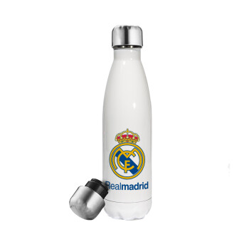 Real Madrid CF, Μεταλλικό παγούρι θερμός Λευκό (Stainless steel), διπλού τοιχώματος, 500ml