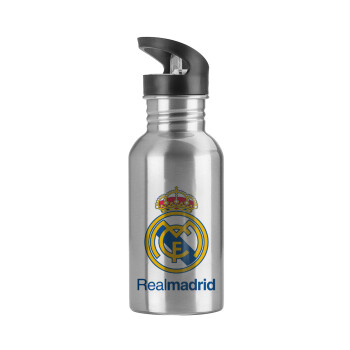 Real Madrid CF, Water bottle Silver with straw, stainless steel 600ml