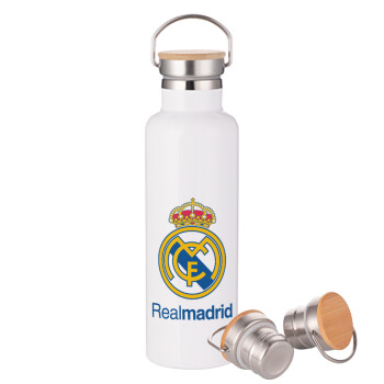 Real Madrid CF, Stainless steel White with wooden lid (bamboo), double wall, 750ml