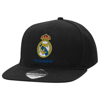 Real Madrid CF, Adult Flat Snapback Hat Black, (100% COTTON TWILL, ADULT, UNISEX, ONE SIZE)