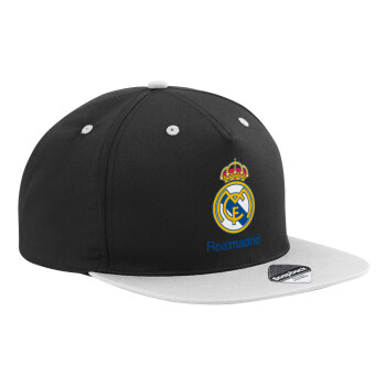 Real Madrid CF, Adult Flat Snapback Hat Black/Grey, (100% COTTON TWILL, ADULT, UNISEX, ONE SIZE)