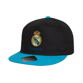 Real Madrid CF, Child's Flat Snapback Hat, Black/Blue (100% COTTON, CHILD, UNISEX, ONE SIZE)