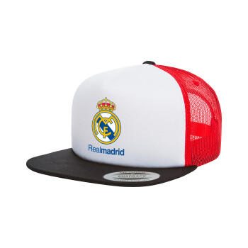 Real Madrid CF, Adult Foam Flat Snapback with Mesh Black-White-Red (POLYESTER, ADULT, UNISEX, ONE SIZE)