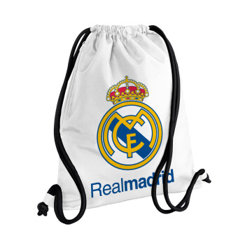 Real Madrid CF, Τσάντα πλάτης πουγκί GYMBAG λευκή, με τσέπη (40x48cm) & χονδρά κορδόνια