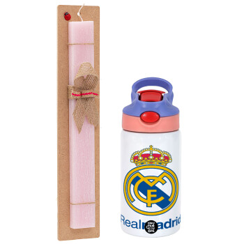 Real Madrid CF, Easter Set, Children's thermal stainless steel water bottle with safety straw, pink/purple (350ml) & Easter scented flat candle (30cm) (PINK)