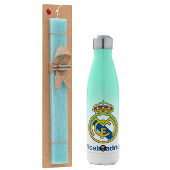 Real Madrid CF, Easter Set, Metallic green/white thermos (Stainless steel), double-walled, 500ml & scented flat Easter candle (30cm) (TURQUOISE)