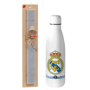 Real Madrid CF, Easter Set, metallic Inox water bottle (700ml) & Easter scented flat candle (30cm) (GRAY)