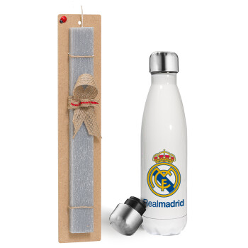 Real Madrid CF, Easter candle, metallic white thermos bottle (500ml) & aromatic flat candle (30cm) (GRAY)