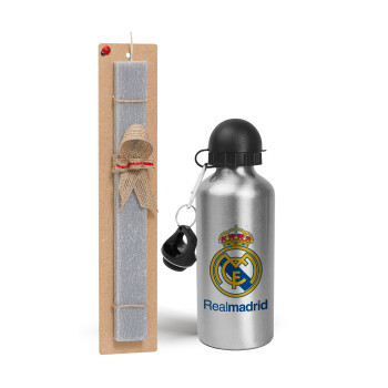 Real Madrid CF, Easter Set, metallic silver aluminum water bottle (500ml) & aromatic flat Easter candle (30cm) (GRAY)