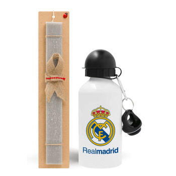 Real Madrid CF, Easter Set, metallic aluminum water bottle (500ml) & aromatic flat Easter candle (30cm) (GRAY)