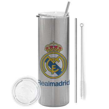Real Madrid CF, Eco friendly stainless steel Silver tumbler 600ml, with metal straw & cleaning brush