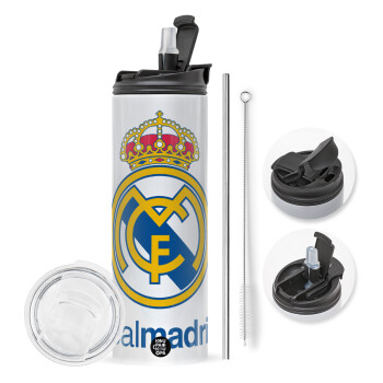 Real Madrid CF, Travel Tumbler 2 Lids, with metal straw & cleaning brush (Stainless steel 304 Food grade, BPA free, 600ml)