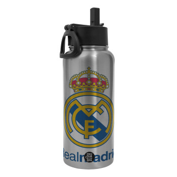 Real Madrid CF, Μεταλλικό παγούρι θερμός Silver με καλαμάκι και χερούλι (Stainless steel), διπλού τοιχώματος, 950ml