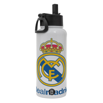 Real Madrid CF, Metal mug thermo White with Straw and Spout Lid (Stainless steel), double wall, 950ml