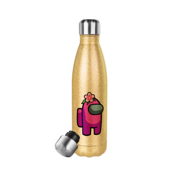 Among US girl, Glitter gold stainless steel thermos bottle, double-walled, 500ml