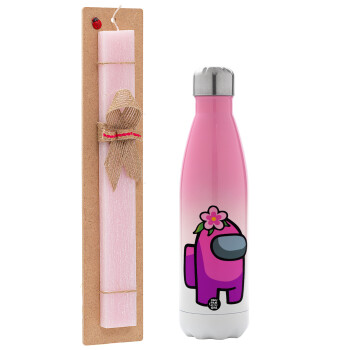 Among US girl, Easter Set, Metallic pink/white (Stainless steel) thermos, double-walled, 500ml & aromatic flat Easter candle (30cm) (PINK)