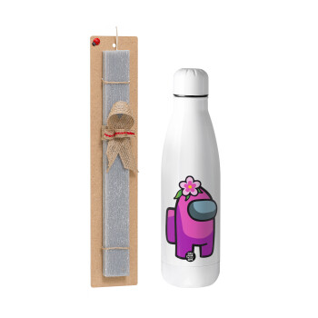 Among US girl, Easter Set, metallic stainless thermos bottle (500ml) & scented flat Easter candle (30cm) (GRAY)