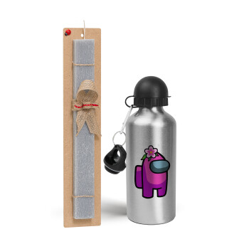 Among US girl, Easter Set, metallic silver aluminum water bottle (500ml) & aromatic flat Easter candle (30cm) (GRAY)