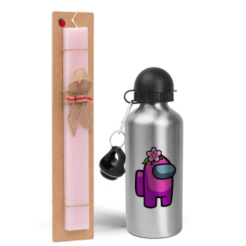 Among US girl, Easter Set, metallic Silver aluminum water bottle (500ml) & scented flat Easter candle (30cm) (PINK)