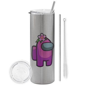 Among US girl, Eco friendly stainless steel Silver tumbler 600ml, with metal straw & cleaning brush