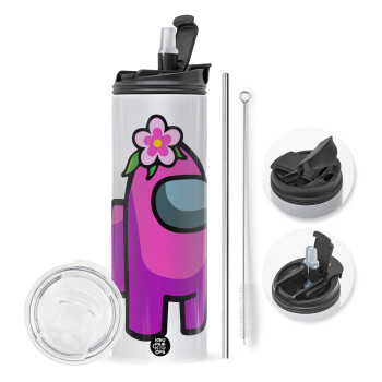 Among US girl, Travel Tumbler 2 Lids, with metal straw & cleaning brush (Stainless steel 304 Food grade, BPA free, 600ml)