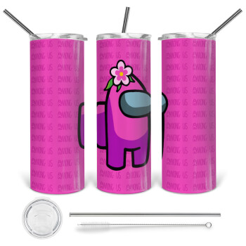 Among US girl, Tumbler ποτήρι θερμό από ανοξείδωτο ατσάλι 600ml, με μεταλλικό καλαμάκι & βούρτσα καθαρισμού