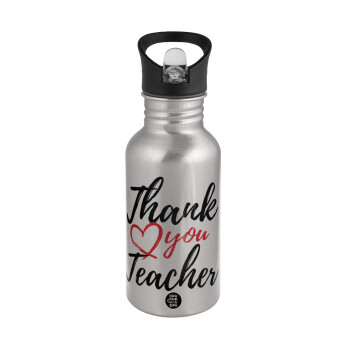 Thank you teacher, Water bottle Silver with straw, stainless steel 500ml