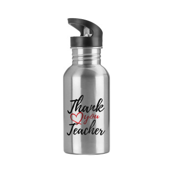 Thank you teacher, Water bottle Silver with straw, stainless steel 600ml