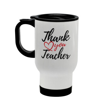 Thank you teacher, Stainless steel travel mug with lid, double wall white 450ml