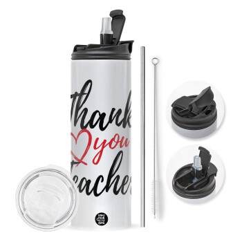 Thank you teacher, Travel Tumbler 2 Lids, with metal straw & cleaning brush (Stainless steel 304 Food grade, BPA free, 600ml)