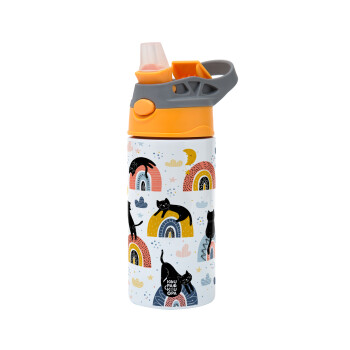 Γατούλες, Children's hot water bottle, stainless steel, with safety straw, Orange/Grey (360ml) BPA-FREE