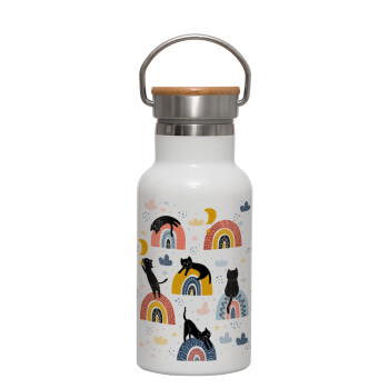 Γατούλες, Metallic thermos (Stainless steel) White with wooden lid (bamboo), double-walled, 350ml