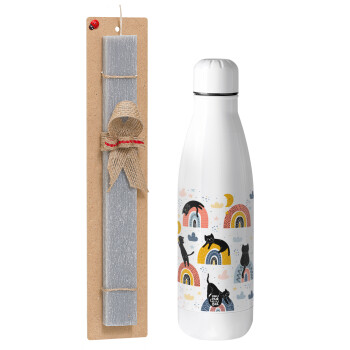 Γατούλες, Easter Set, metallic Inox water bottle (700ml) & Easter scented flat candle (30cm) (GRAY)