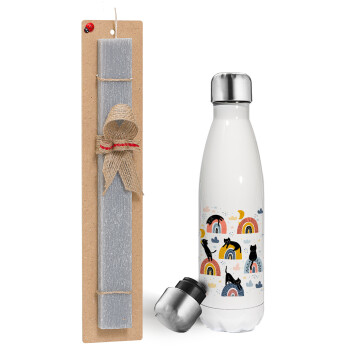 Γατούλες, Easter candle, metallic white thermos bottle (500ml) & aromatic flat candle (30cm) (GRAY)