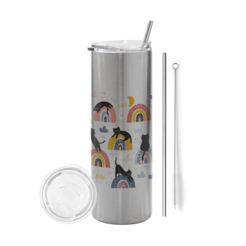 Γατούλες, Eco friendly stainless steel Silver tumbler 600ml, with metal straw & cleaning brush