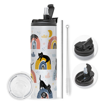 Γατούλες, Travel Tumbler θερμό με διπλό καπάκι, μεταλλικό καλαμάκι και βούρτσα καθαρισμού (Ανωξείδωτο 304 Food grade, BPA free, 600ml)