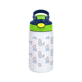 Hippo, Children's hot water bottle, stainless steel, with safety straw, green, blue (350ml)