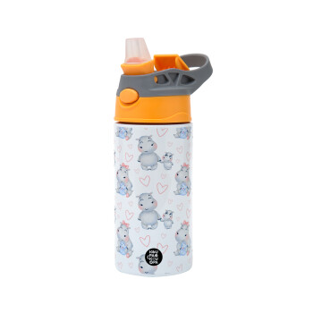 Hippo, Children's hot water bottle, stainless steel, with safety straw, Orange/Grey (360ml) BPA-FREE