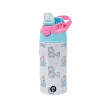 Hippo, Children's hot water bottle, stainless steel, with safety straw, Pink/BlueCiel (360ml) BPA FREE