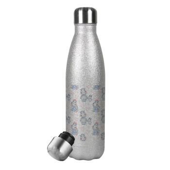 Hippo, Metallic Glitter Silver Thermos Flask (Stainless steel), double-walled, 500ml