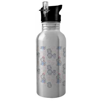 Hippo, Water bottle Silver with straw, stainless steel 600ml