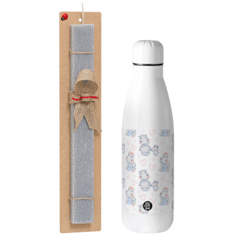 Hippo, Easter Set, metallic Inox water bottle (700ml) & Easter scented flat candle (30cm) (GRAY)