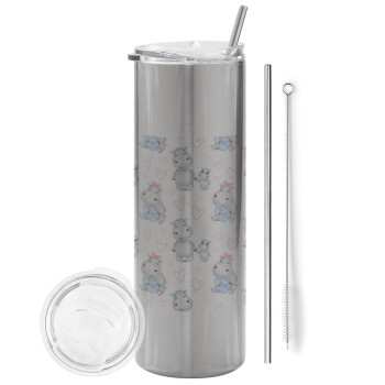 Hippo, Tumbler stainless steel Silver 600ml, with metal straw & cleaning brush