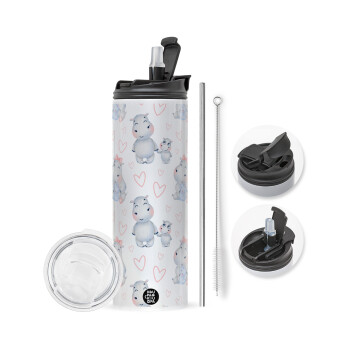 Hippo, Travel Tumbler 2 Lids, with metal straw & cleaning brush (Stainless steel 304 Food grade, BPA free, 600ml)