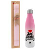 Easter Set, Metallic pink/white (Stainless steel) thermos, double-walled, 500ml & aromatic flat Easter candle (30cm) (PINK)